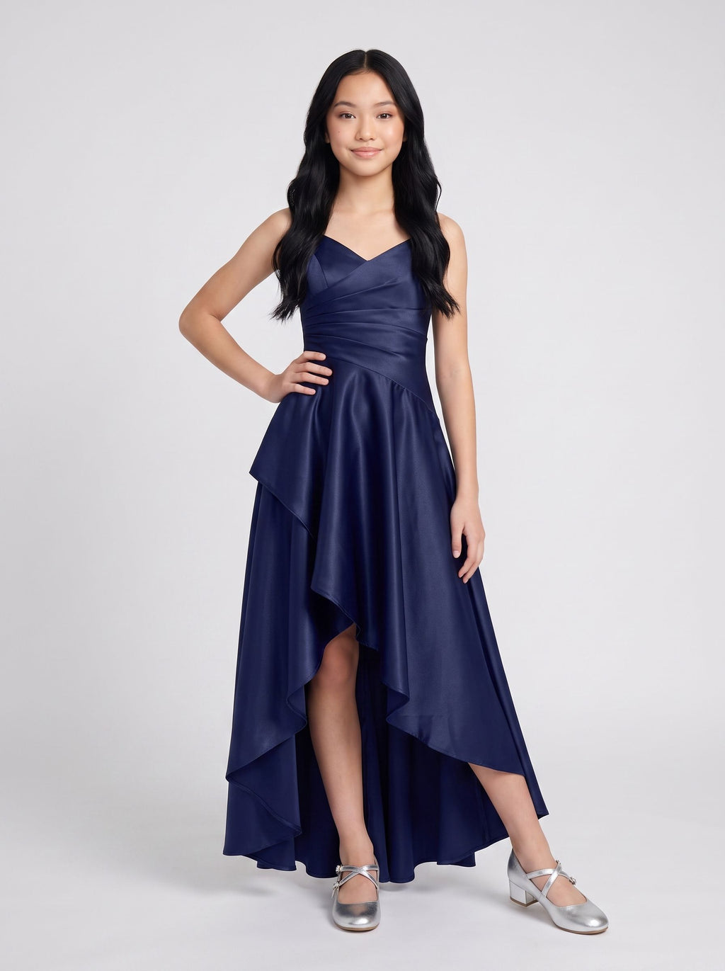 Dark Navy Satin A-Line V-Neck Back Zip Asymmetrical Dress with Pleated Bodice