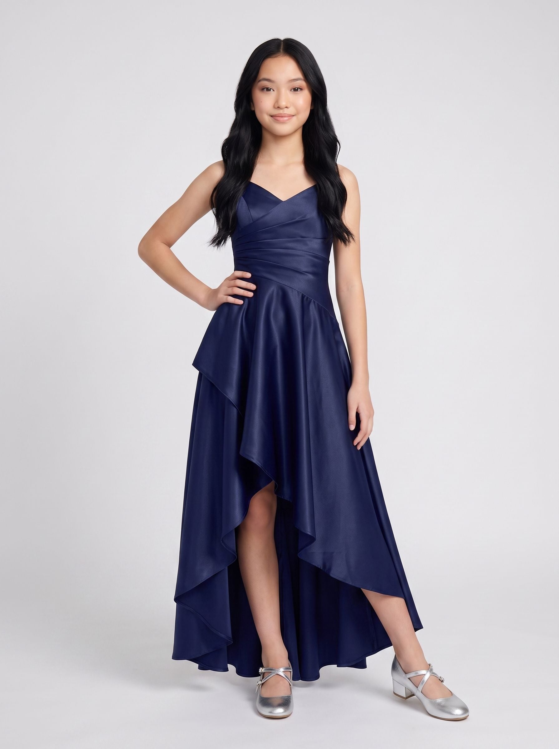 Dark Navy Satin A-Line V-Neck Back Zip Asymmetrical Dress with Pleated Bodice