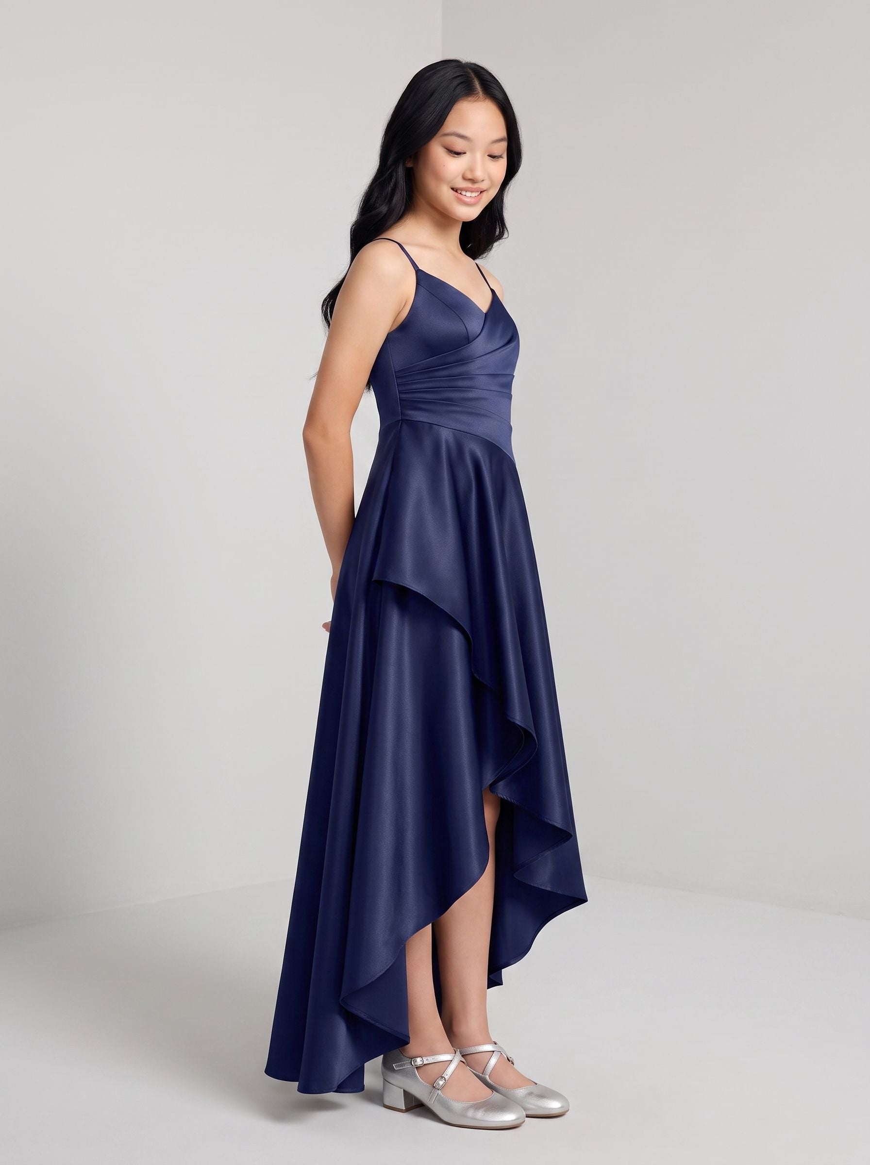 Dark Navy Satin A-Line V-Neck Back Zip Asymmetrical Dress with Pleated Bodice