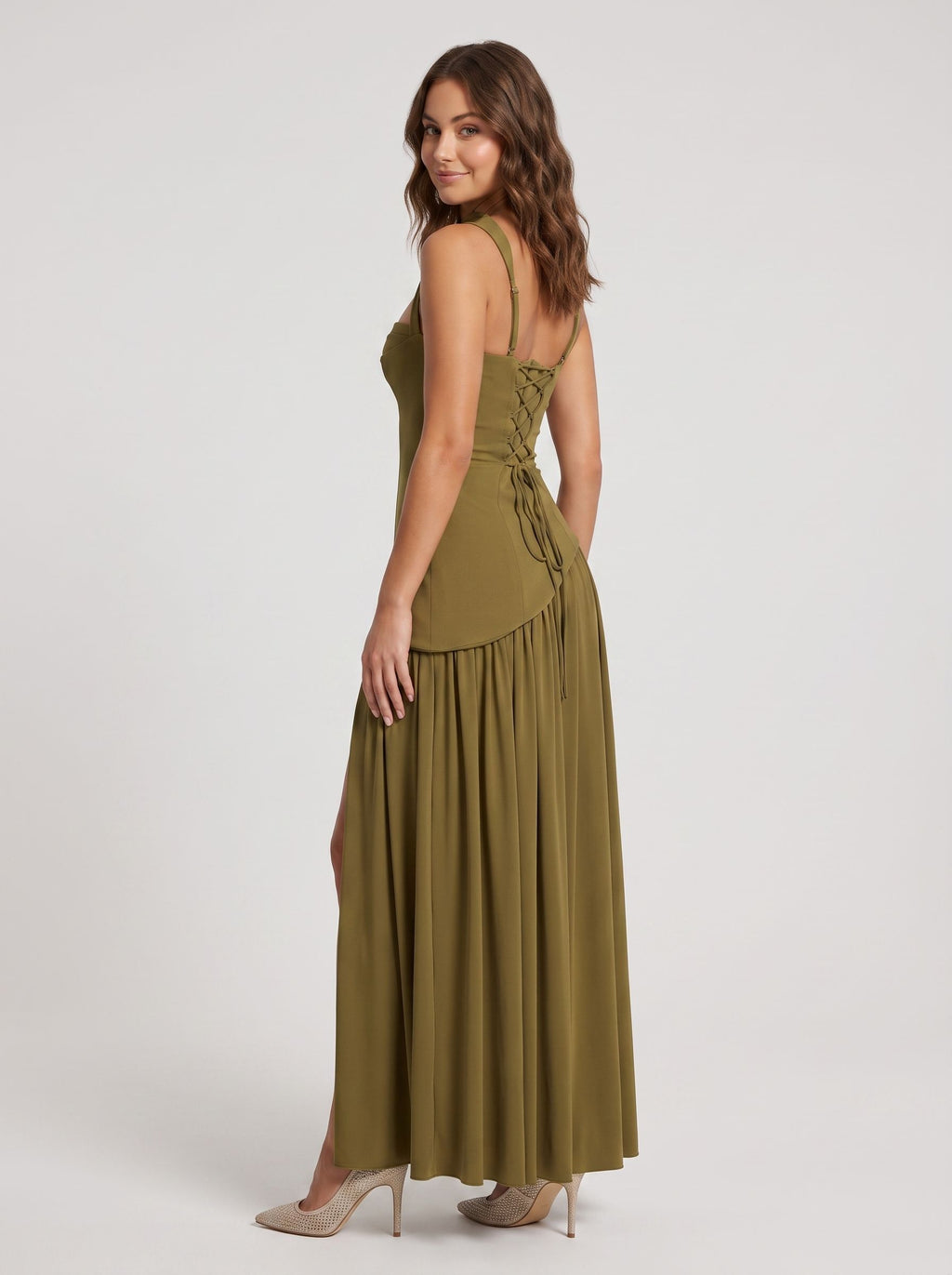 Olive Green Chiffon A-Line Square Neck Lace-up Floor-Length Dress