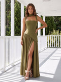 Olive Green Chiffon A-Line Square Neck Lace-up Floor-Length Dress