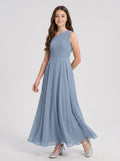 Dusty Blue Chiffon A-Line One Shoulder Back Zip Floor-Length Dress with Pleated Bodice