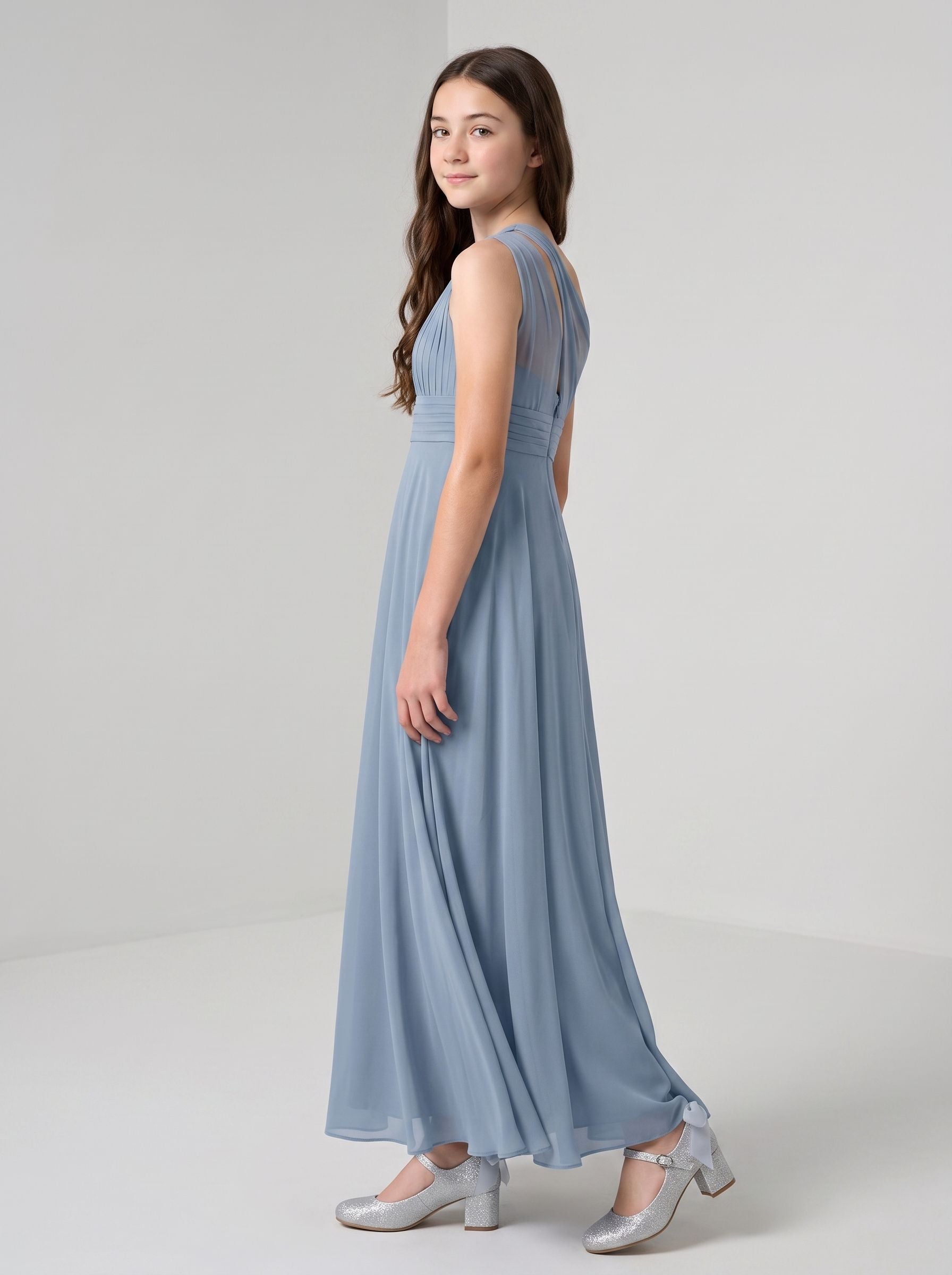 Dusty Blue Chiffon A-Line One Shoulder Back Zip Floor-Length Dress with Pleated Bodice