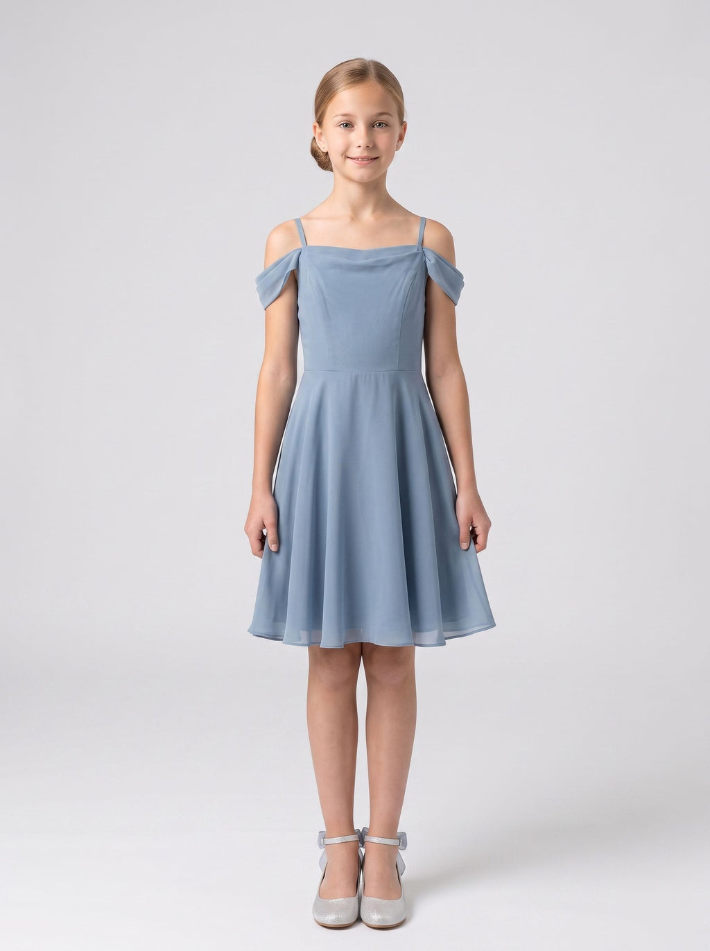 Dusty Blue Chiffon A-Line Off-the-Shoulder Back Zip Floor-Length Dress with Pleated Bodice