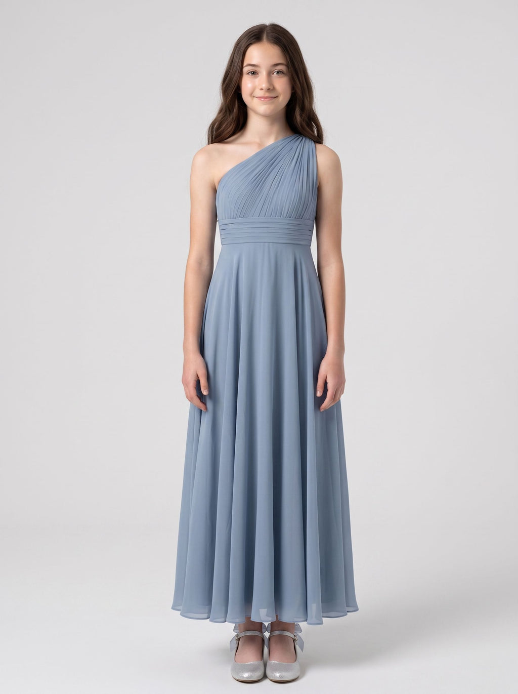 Dusty Blue Chiffon A-Line One Shoulder Back Zip Floor-Length Dress with Pleated Bodice