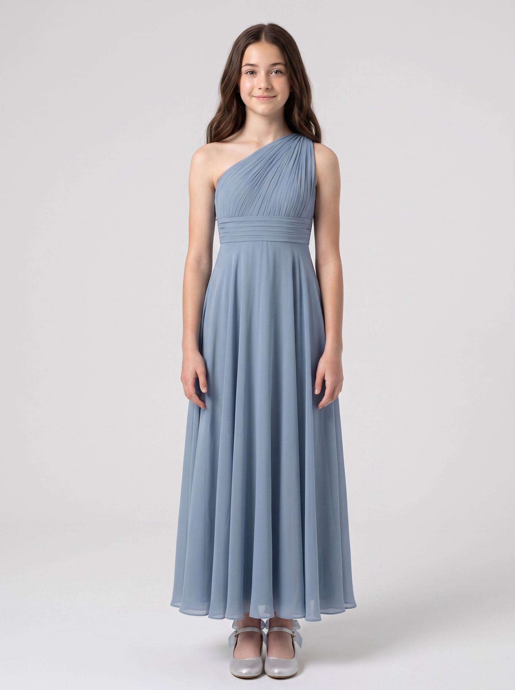 Dusty Blue Chiffon A-Line One Shoulder Back Zip Floor-Length Dress with Pleated Bodice