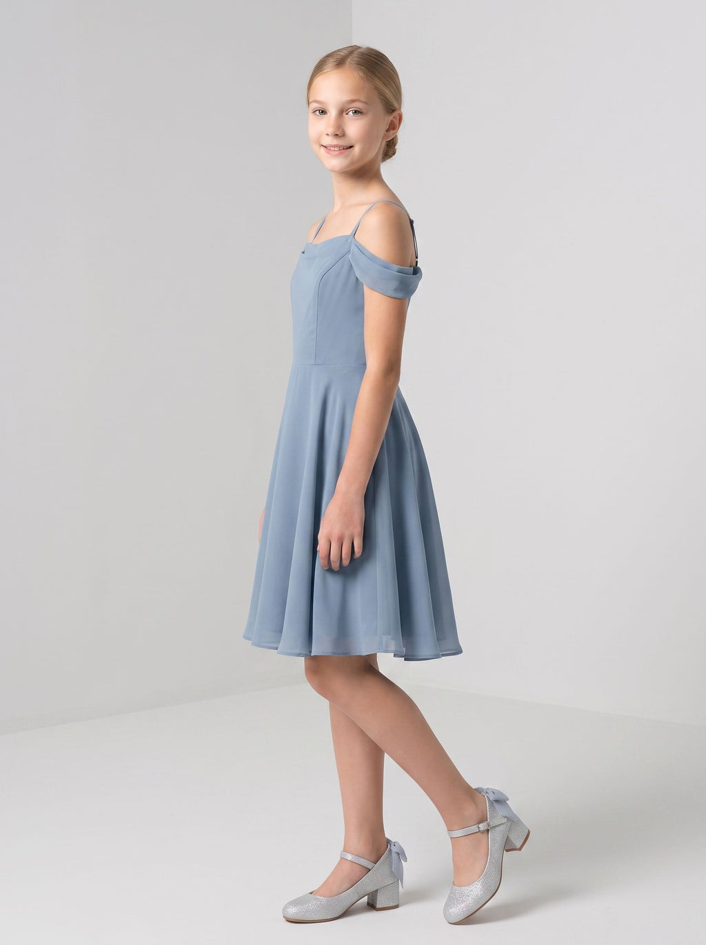 Dusty Blue Chiffon A-Line Off-the-Shoulder Back Zip Floor-Length Dress with Pleated Bodice