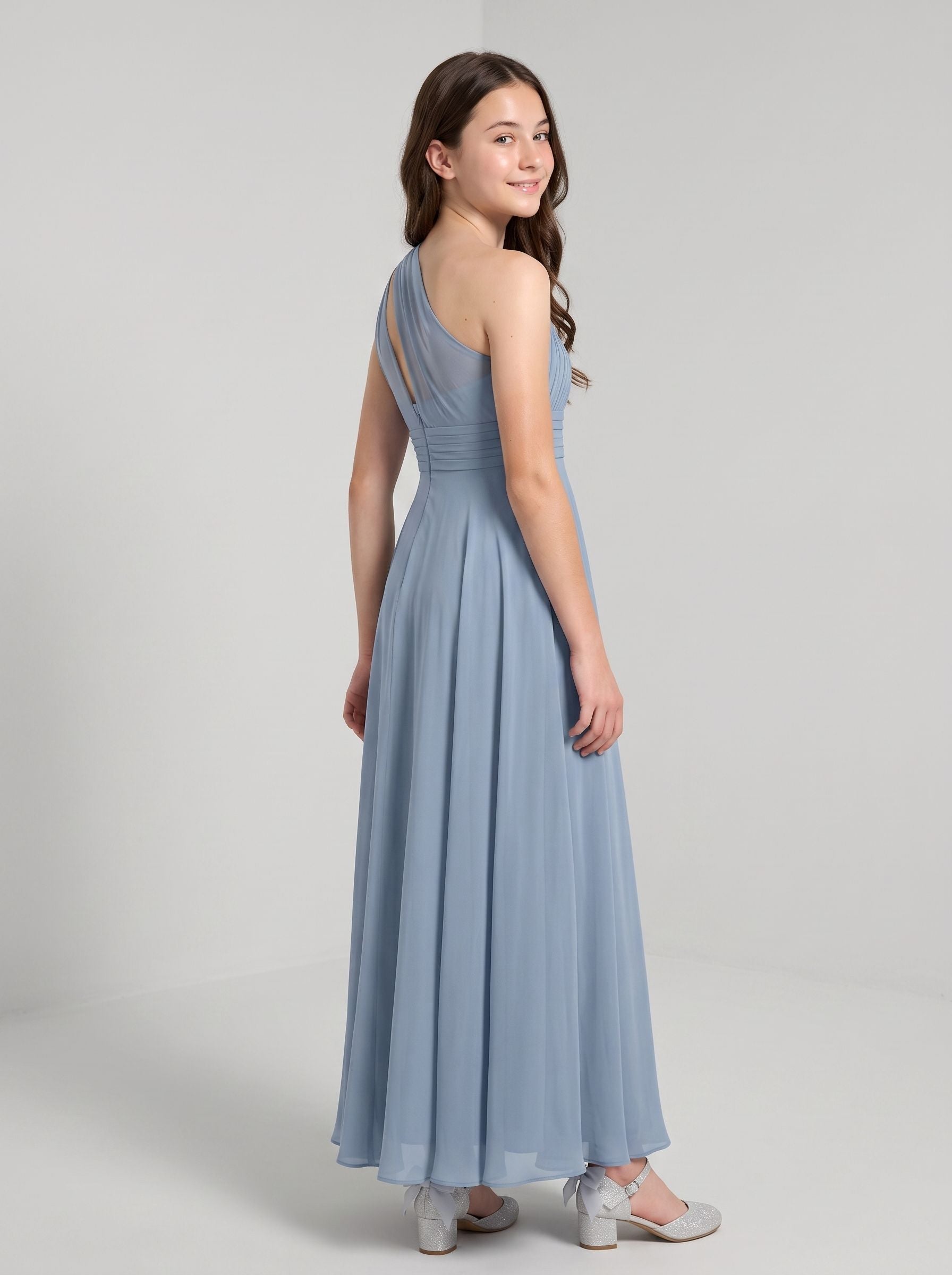 Dusty Blue Chiffon A-Line One Shoulder Back Zip Floor-Length Dress with Pleated Bodice