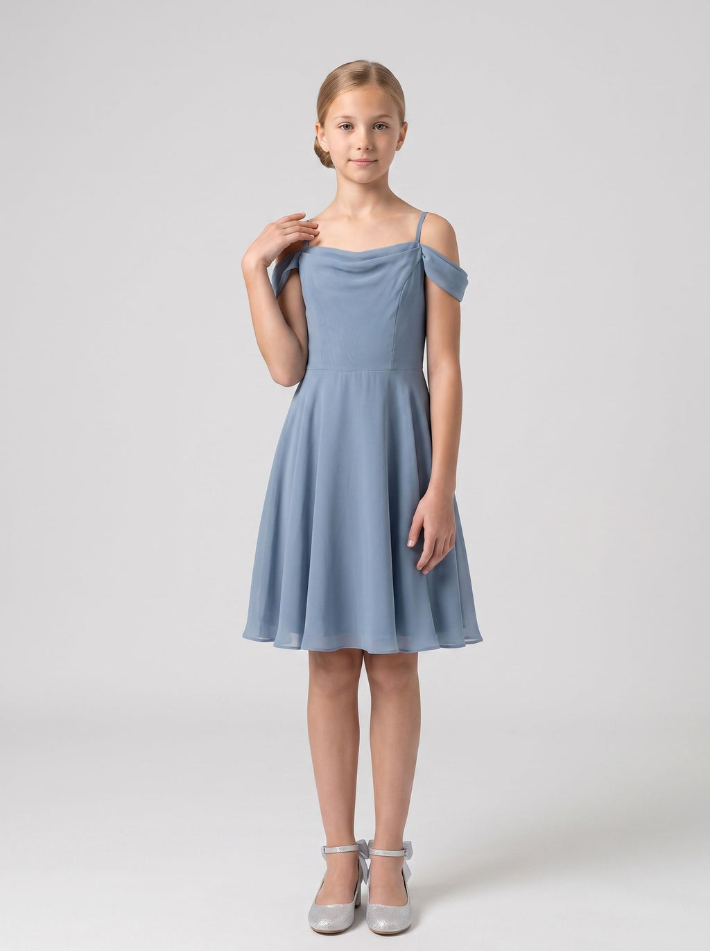 Dusty Blue Chiffon A-Line Off-the-Shoulder Back Zip Floor-Length Dress with Pleated Bodice