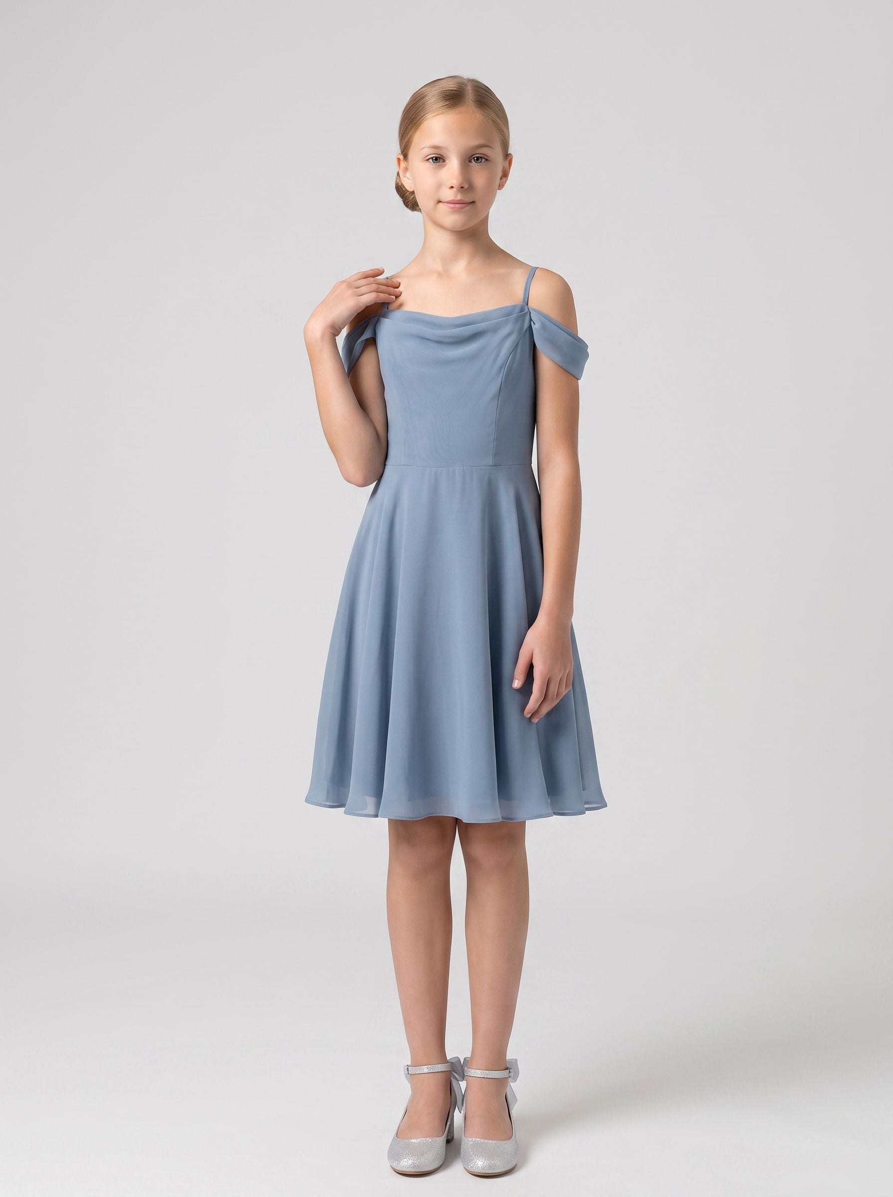 Dusty Blue Chiffon A-Line Off-the-Shoulder Back Zip Floor-Length Dress with Pleated Bodice