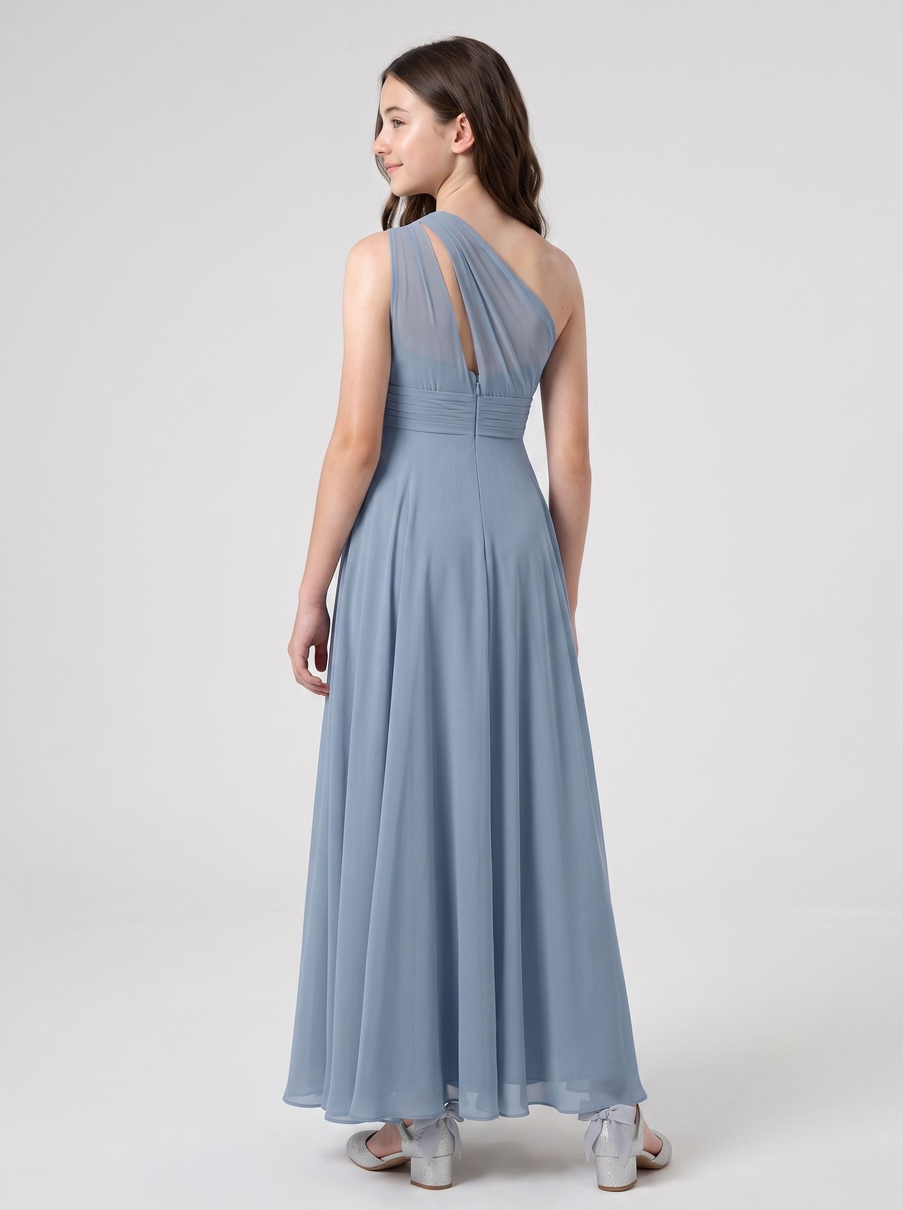 Dusty Blue Chiffon A-Line One Shoulder Back Zip Floor-Length Dress with Pleated Bodice