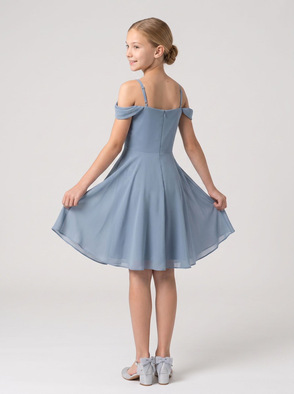 Dusty Blue Chiffon A-Line Off-the-Shoulder Back Zip Floor-Length Dress with Pleated Bodice