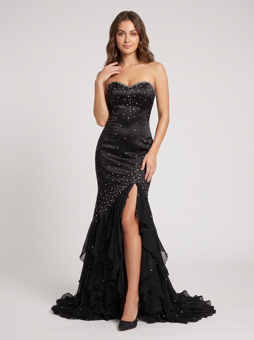 Black Satin Mermaid Sweetheart Back Zip Asymmetrical Dress with Beaded Bodice