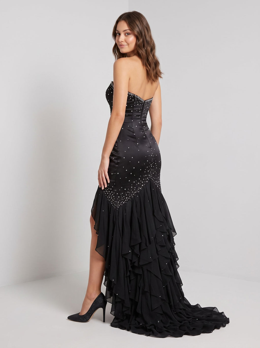 Black Satin Mermaid Sweetheart Back Zip Asymmetrical Dress with Beaded Bodice