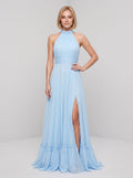 Sky Blue Chiffon A-Line Halter neckline Backless Floor-Length Dress with Tiered Skirt