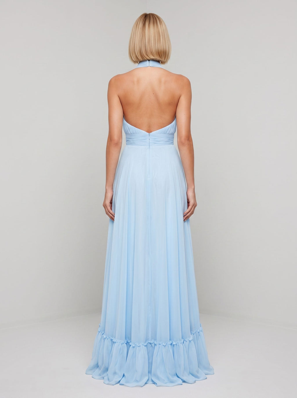 Sky Blue Chiffon A-Line Halter neckline Backless Floor-Length Dress with Tiered Skirt