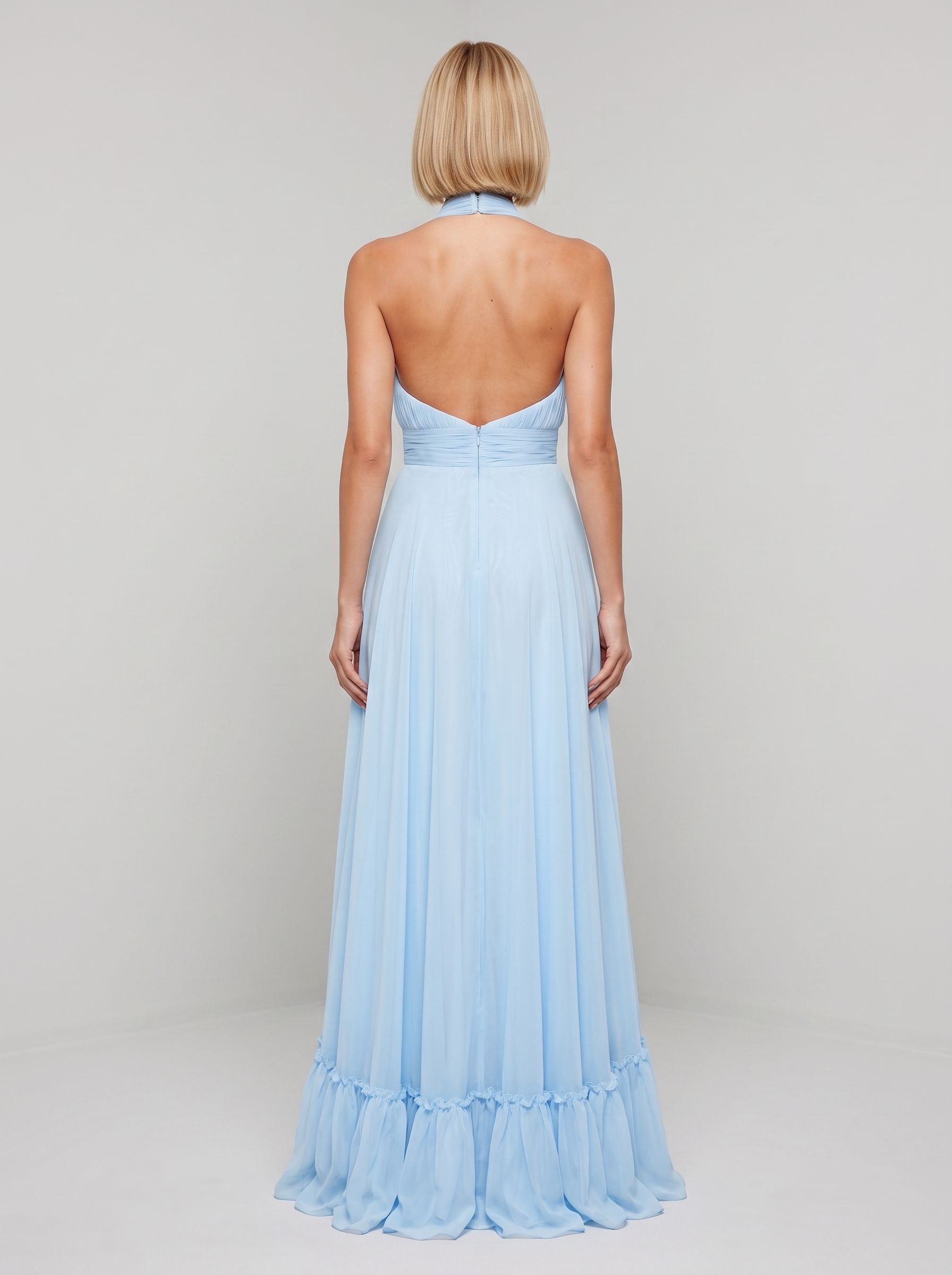 Sky Blue Chiffon A-Line Halter neckline Backless Floor-Length Dress with Tiered Skirt