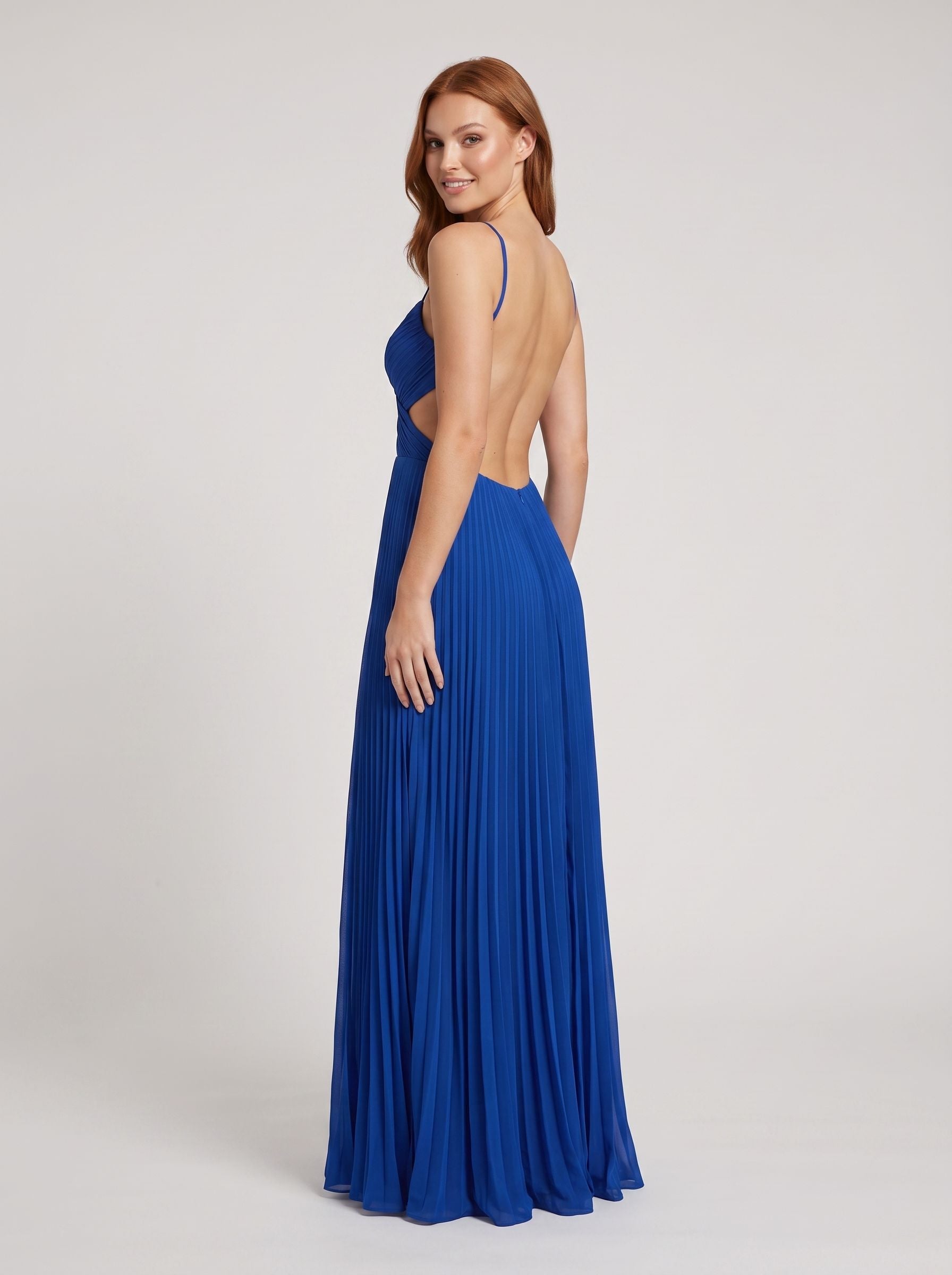 Royal Blue Chiffon A-Line Halter neckline Backless Floor-Length Dress with Cutout Detail