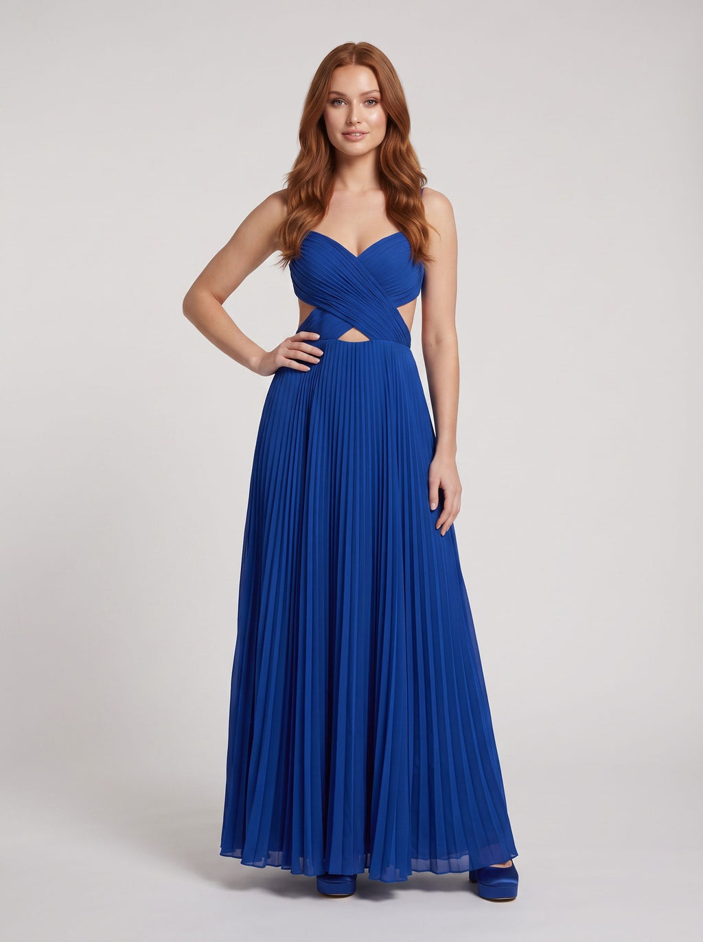 Royal Blue Chiffon A-Line Halter neckline Backless Floor-Length Dress with Cutout Detail