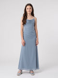 Dusty Blue Chiffon Sheath Cowl Neck Back Zip Floor-Length Dress with Draped Front