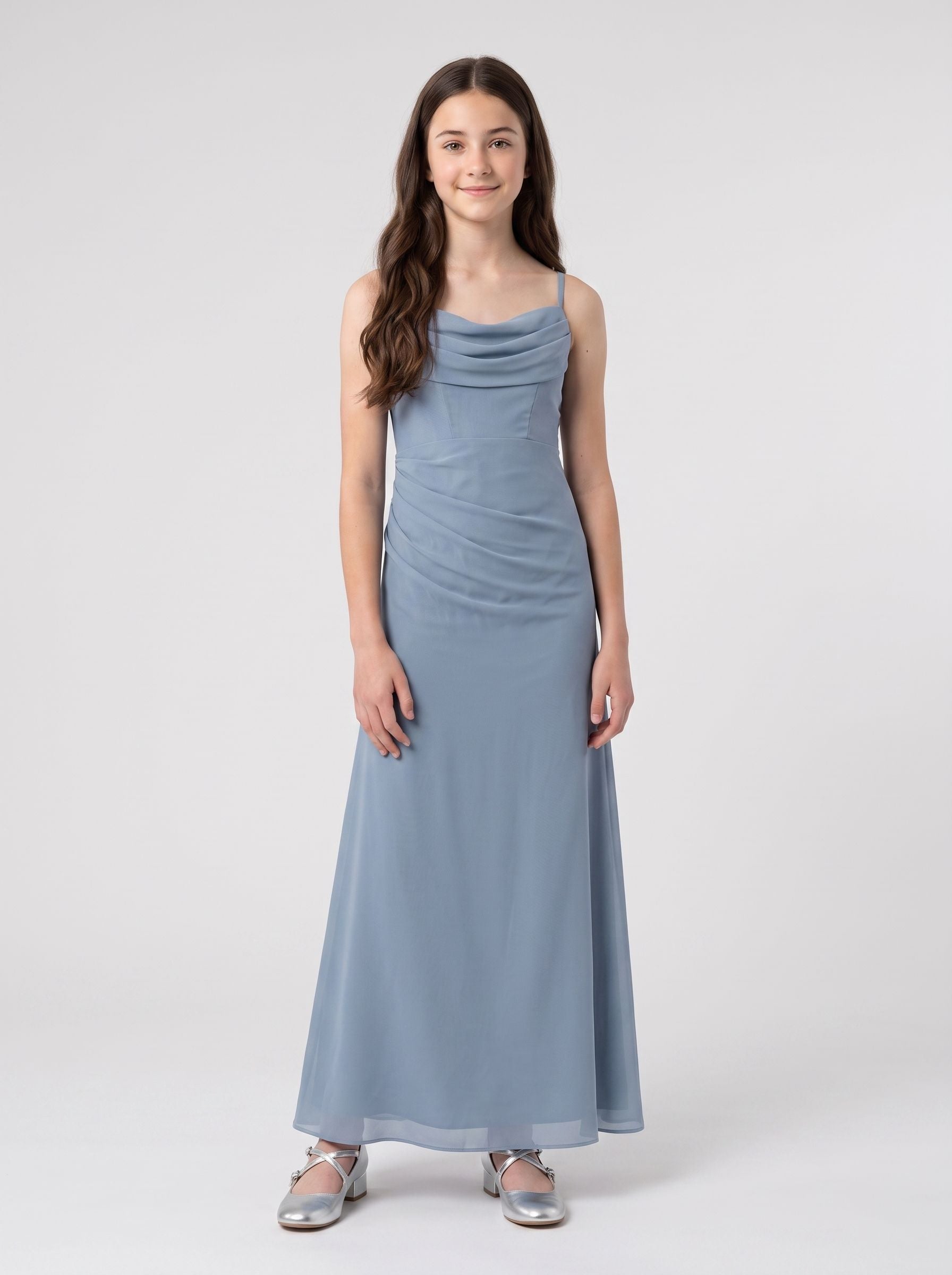 Dusty Blue Chiffon Sheath Cowl Neck Back Zip Floor-Length Dress with Draped Front