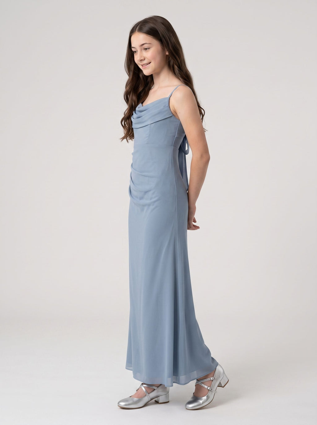 Dusty Blue Chiffon Sheath Cowl Neck Back Zip Floor-Length Dress with Draped Front