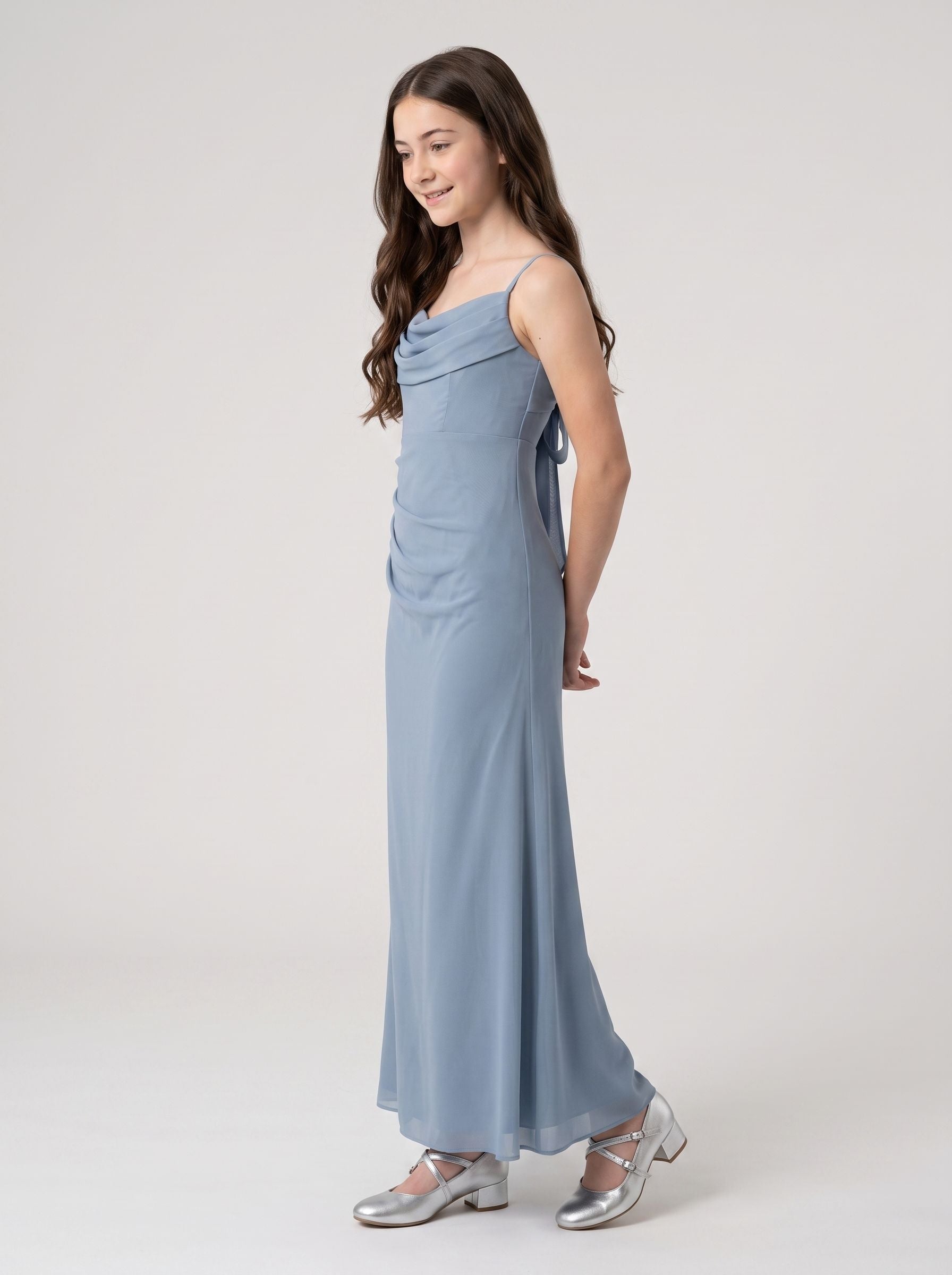 Dusty Blue Chiffon Sheath Cowl Neck Back Zip Floor-Length Dress with Draped Front