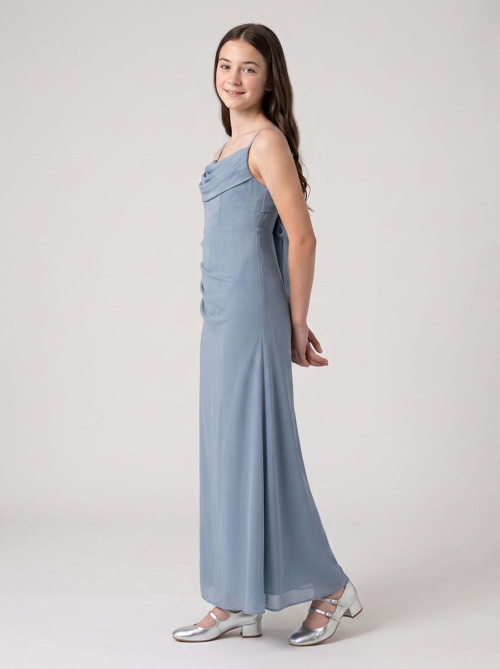 Dusty Blue Chiffon Sheath Cowl Neck Back Zip Floor-Length Dress with Draped Front