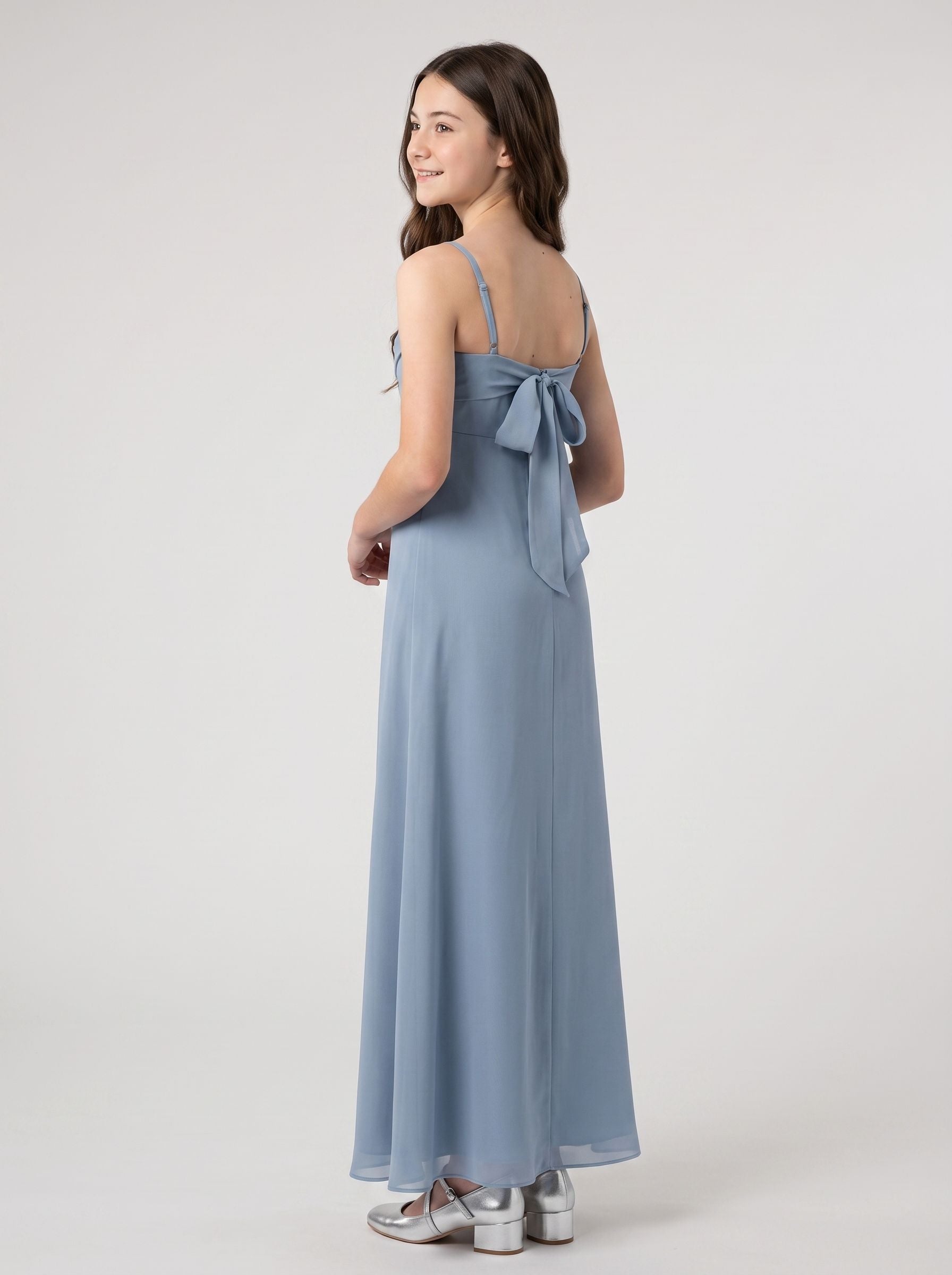 Dusty Blue Chiffon Sheath Cowl Neck Back Zip Floor-Length Dress with Draped Front