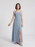 Dusty Blue Chiffon Sheath Square Neck Back Zip Floor-Length Dress with Pleated Bodice