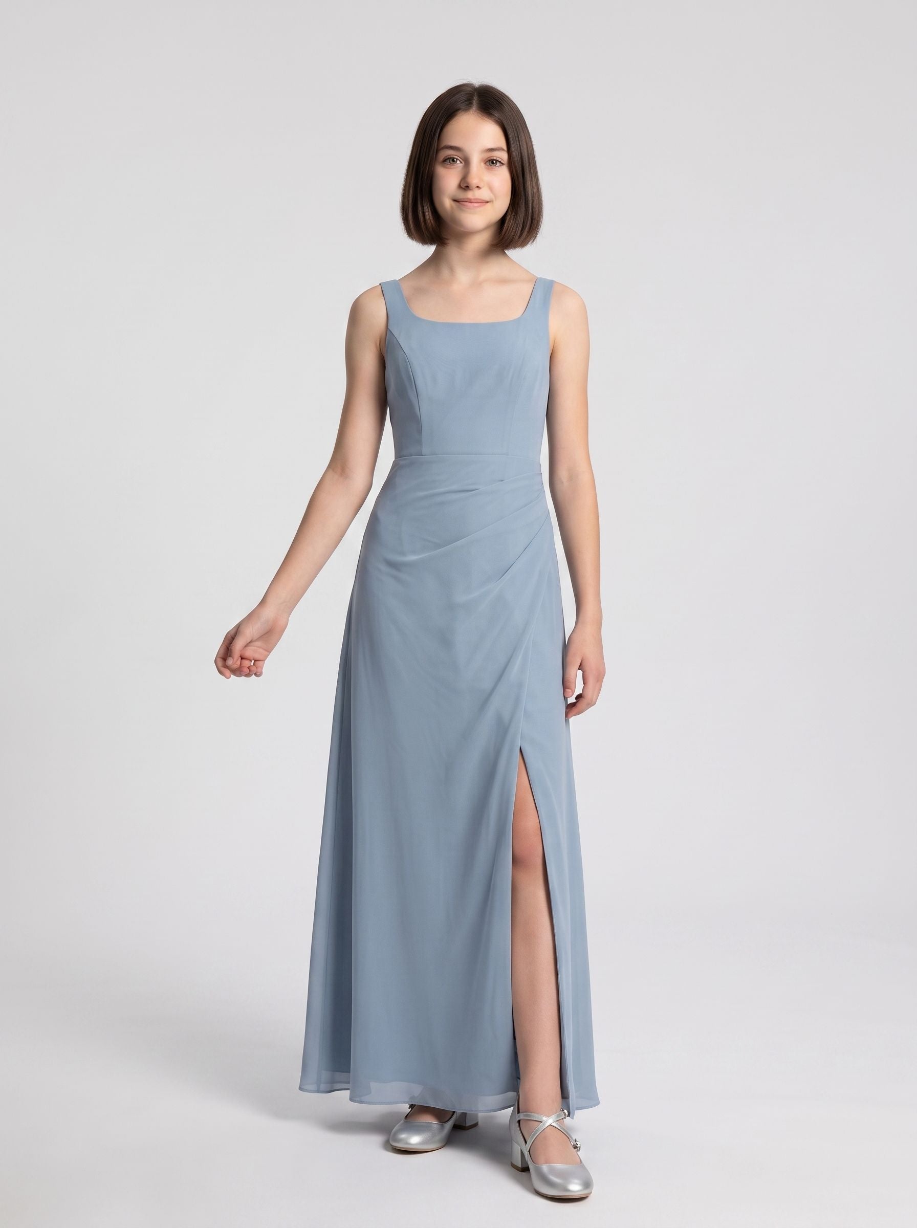 Dusty Blue Chiffon Sheath Square Neck Back Zip Floor-Length Dress with Pleated Bodice