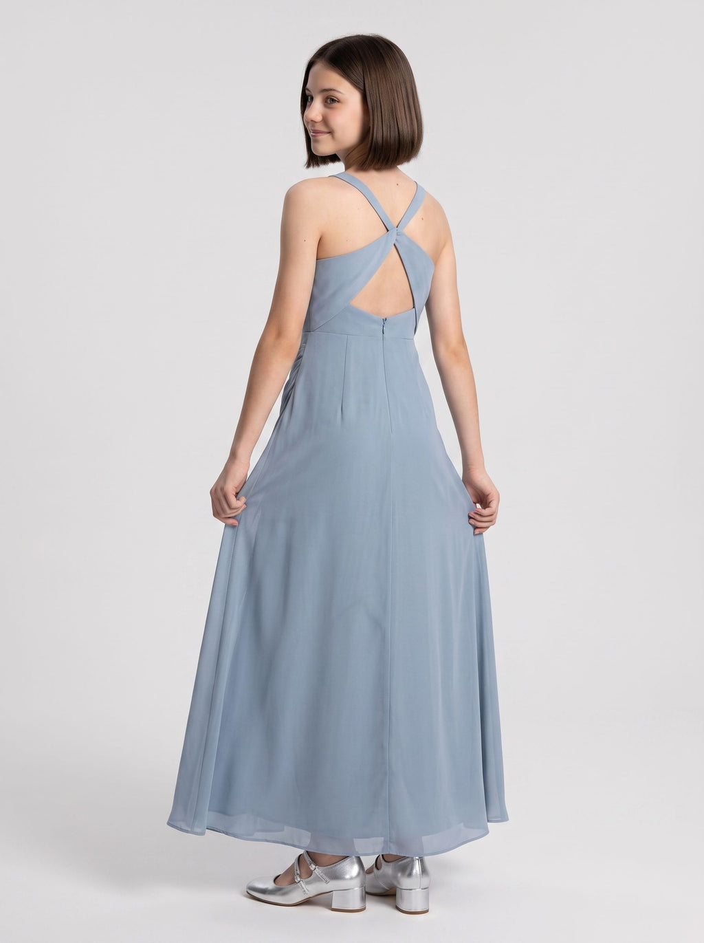 Dusty Blue Chiffon Sheath Square Neck Back Zip Floor-Length Dress with Pleated Bodice