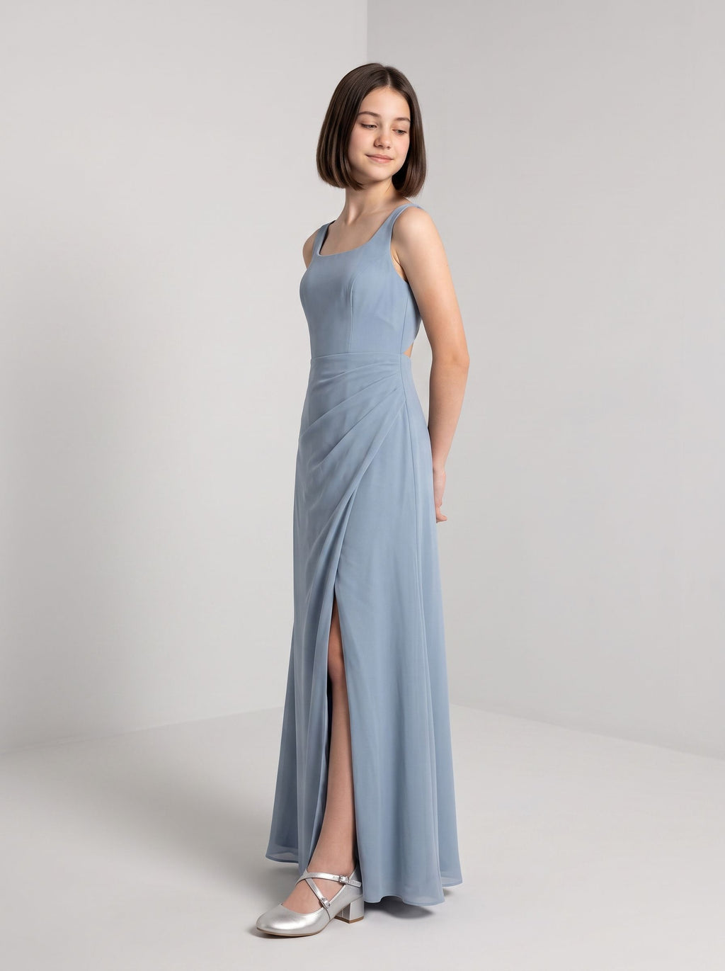 Dusty Blue Chiffon Sheath Square Neck Back Zip Floor-Length Dress with Pleated Bodice