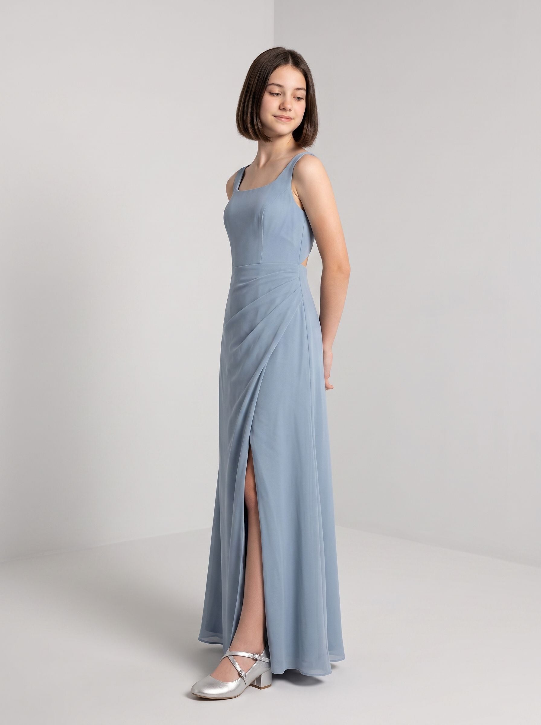 Dusty Blue Chiffon Sheath Square Neck Back Zip Floor-Length Dress with Pleated Bodice