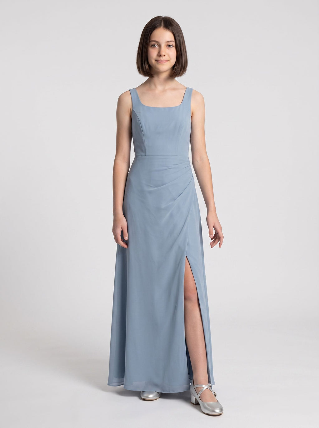 Dusty Blue Chiffon Sheath Square Neck Back Zip Floor-Length Dress with Pleated Bodice