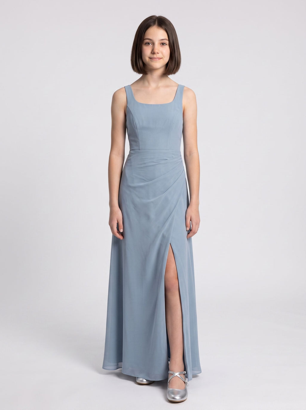 Dusty Blue Chiffon Sheath Square Neck Back Zip Floor-Length Dress with Pleated Bodice