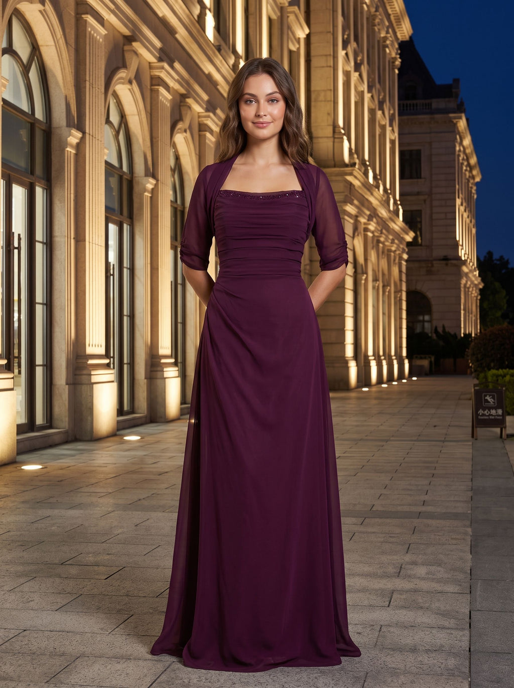 Wine Chiffon A-Line Square Neck Back Zip Floor-Length Dress with Pleated Bodice