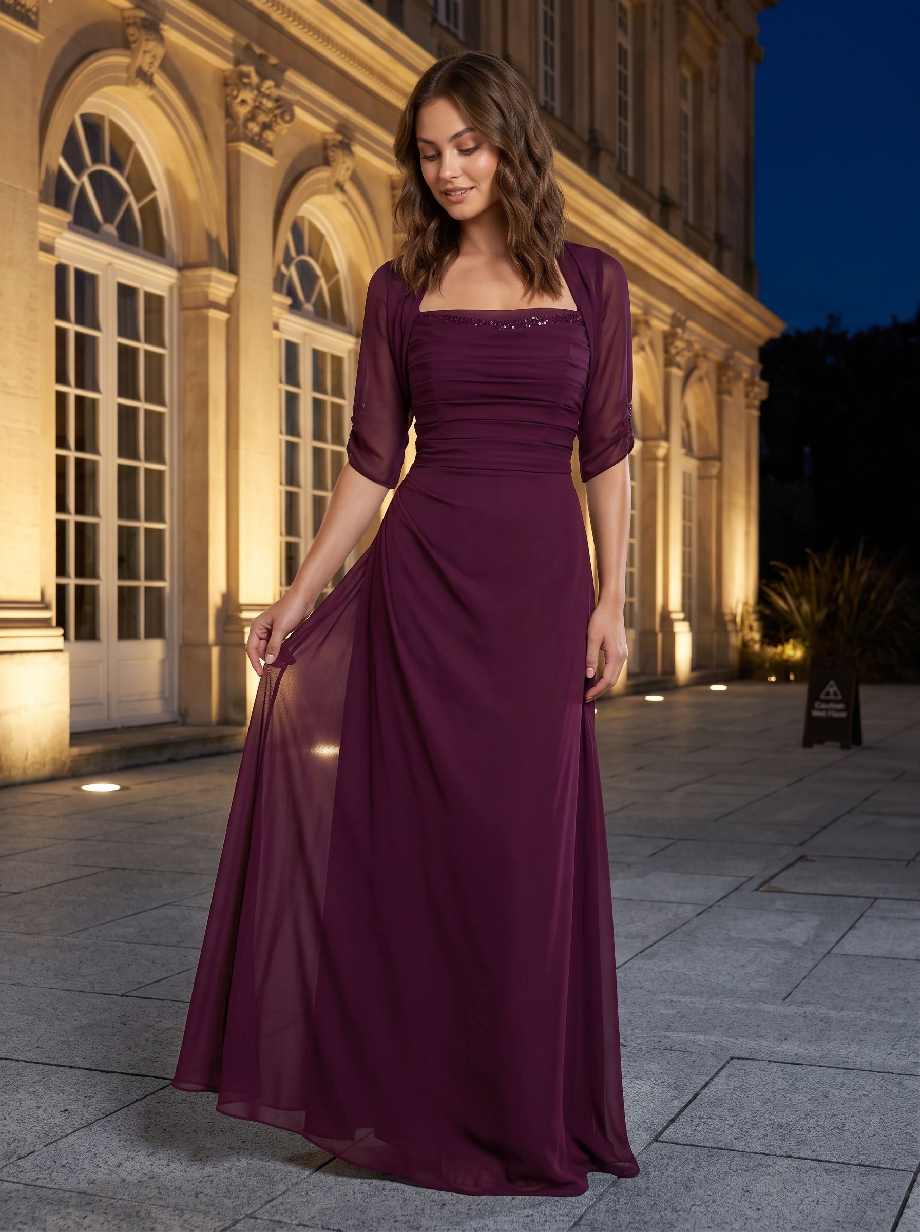 Wine Chiffon A-Line Square Neck Back Zip Floor-Length Dress with Pleated Bodice