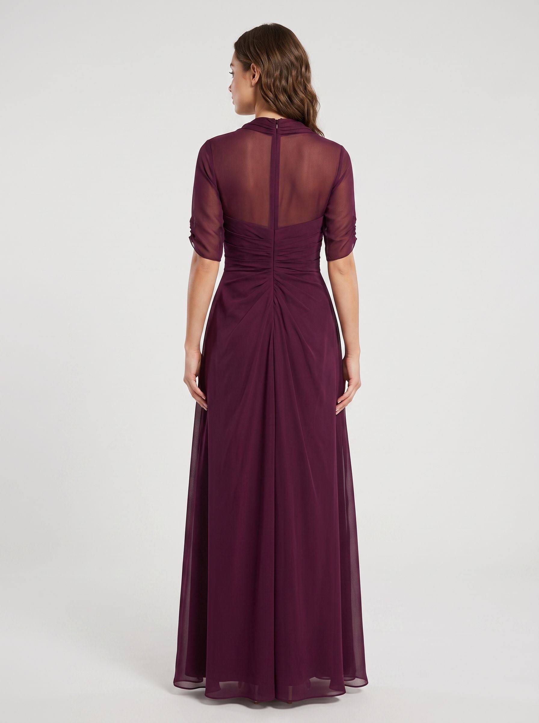 Wine Chiffon A-Line Square Neck Back Zip Floor-Length Dress with Pleated Bodice