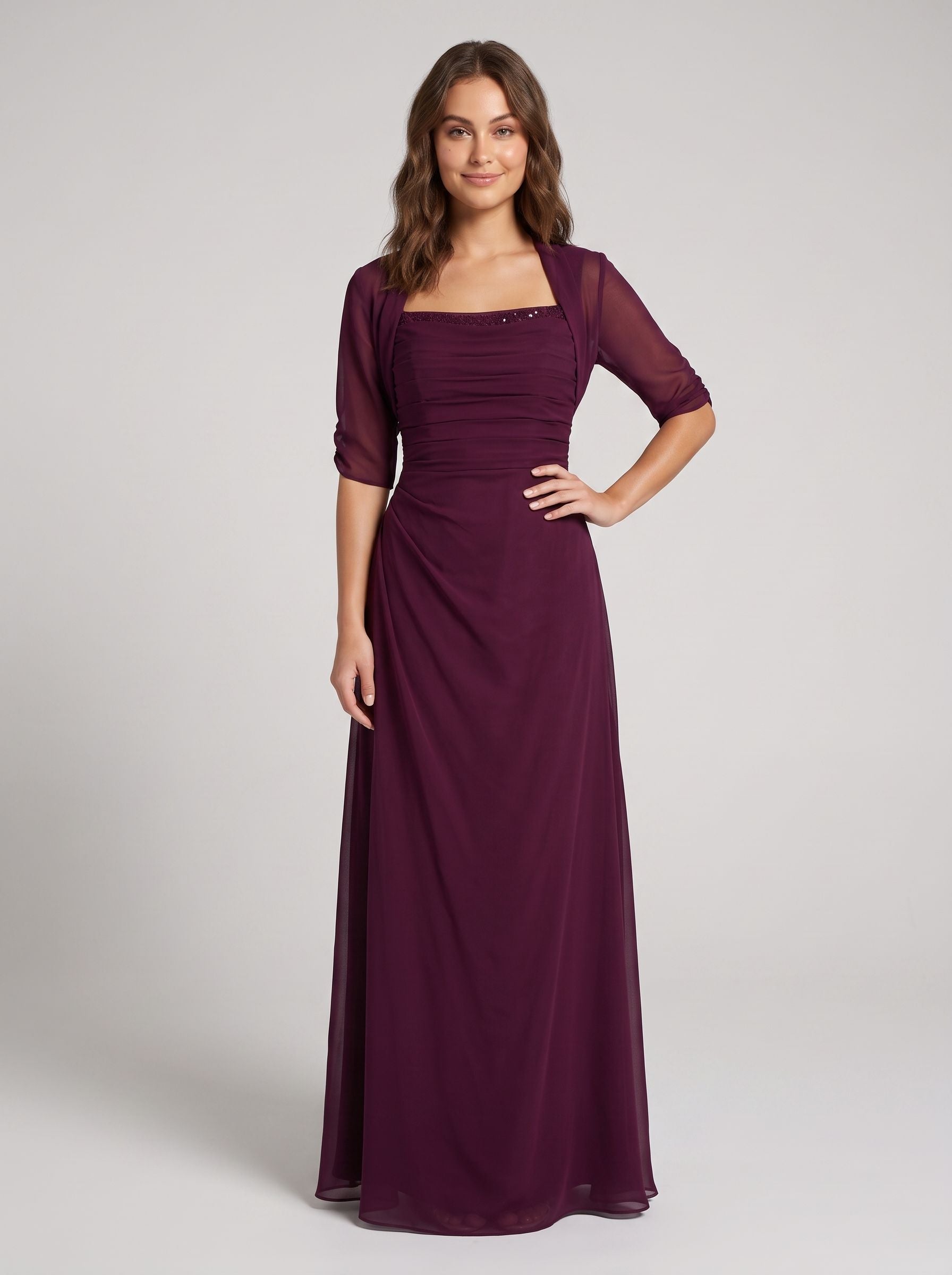 Wine Chiffon A-Line Square Neck Back Zip Floor-Length Dress with Pleated Bodice