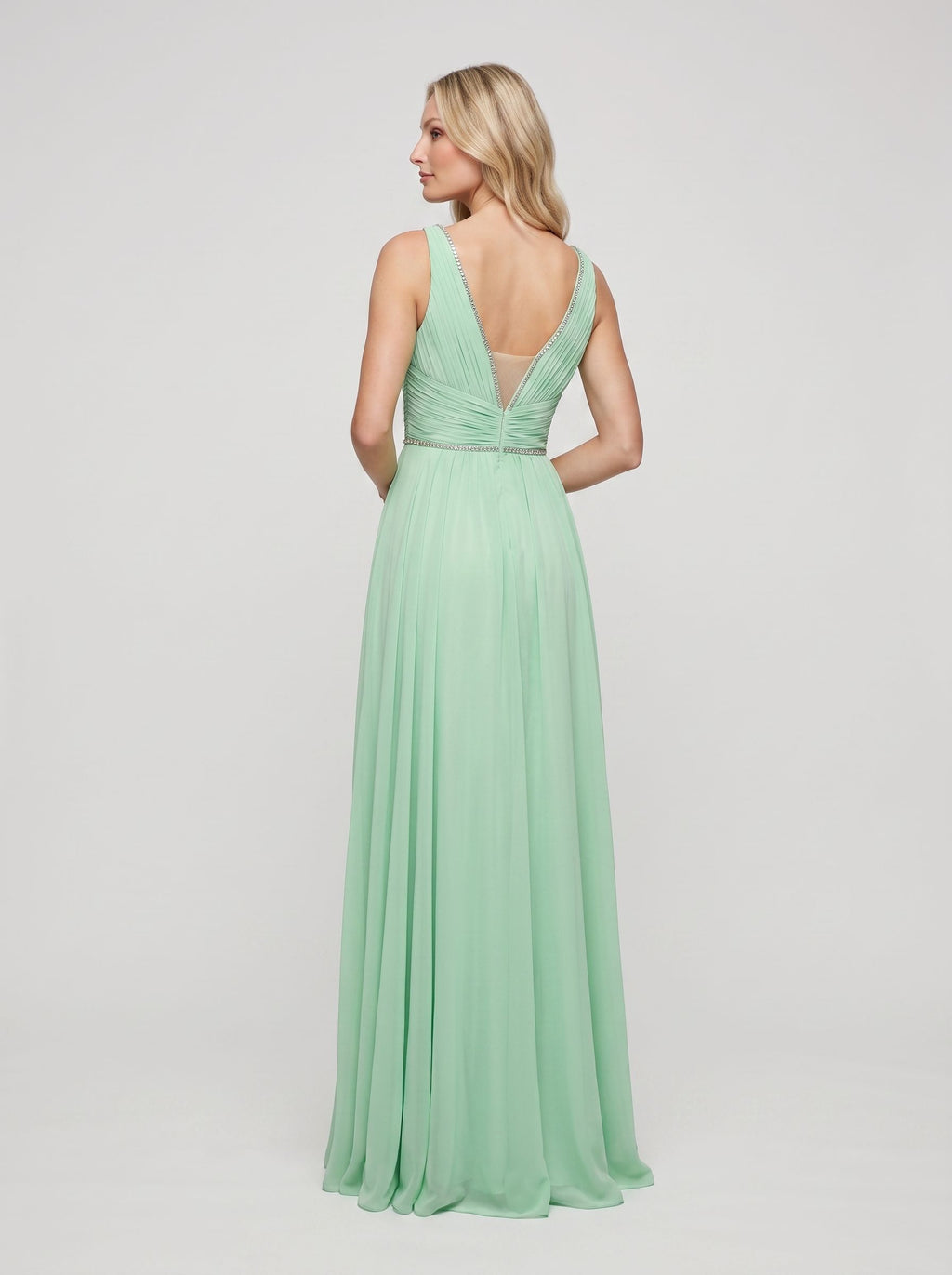 Mint Green Chiffon A-Line V-Neck Back Zip Floor-Length Dress with Crystal Trim and Side Slit