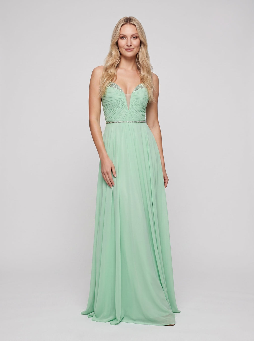 Mint Green Chiffon A-Line V-Neck Back Zip Floor-Length Dress with Crystal Trim and Side Slit