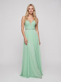 Mint Green Chiffon A-Line V-Neck Back Zip Floor-Length Dress with Crystal Trim and Side Slit