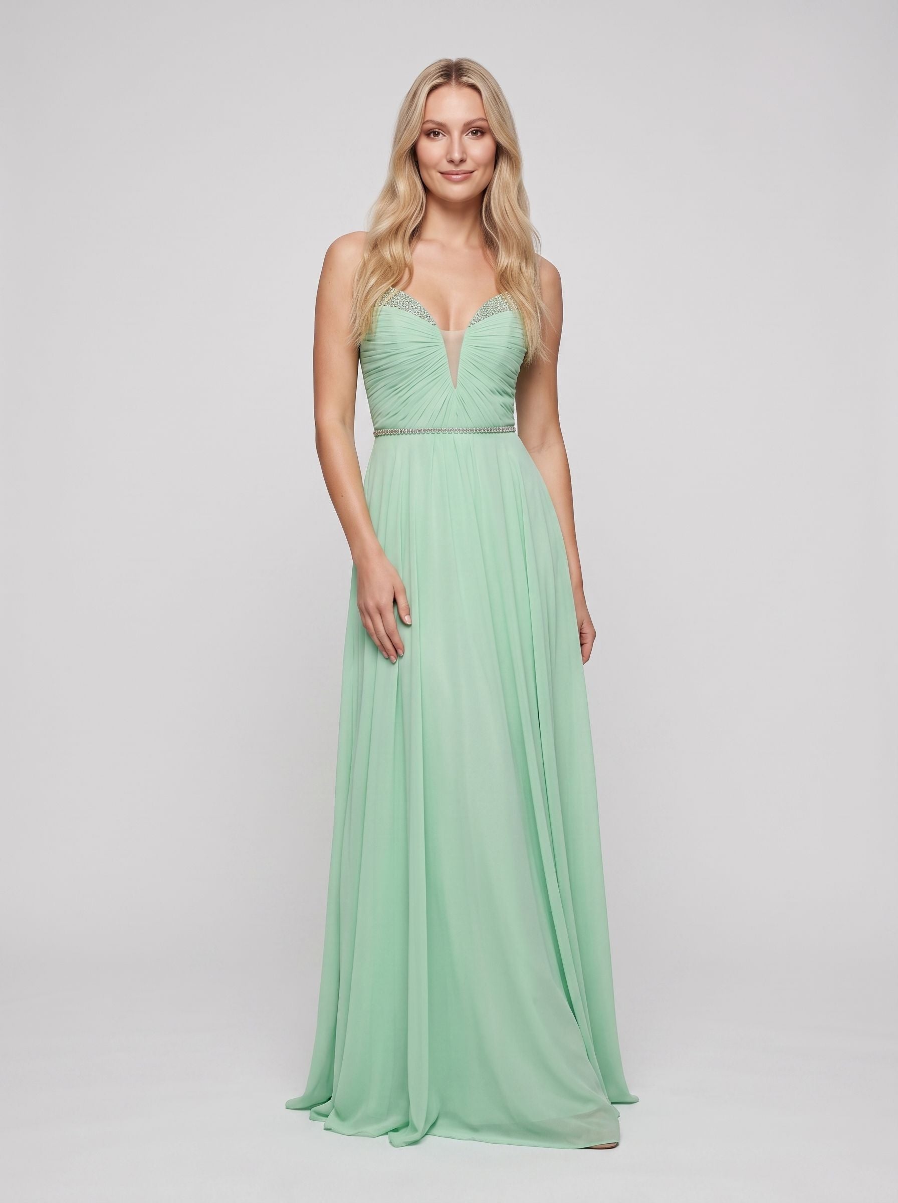 Mint Green Chiffon A-Line V-Neck Back Zip Floor-Length Dress with Crystal Trim and Side Slit
