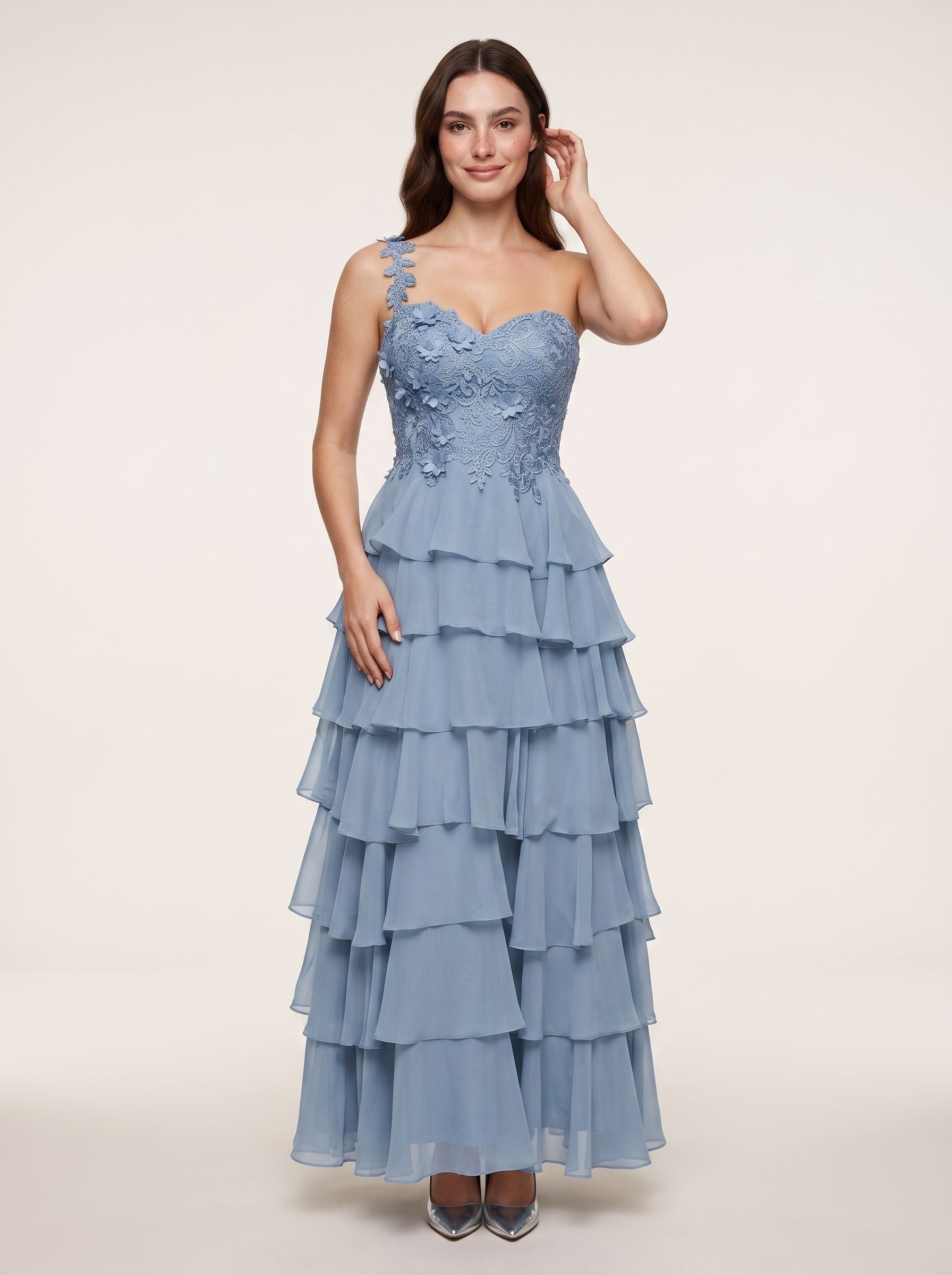 Dusty Blue Chiffon A-Line Sweetheart Back Zip Floor-Length Dress with Pleated Bodice