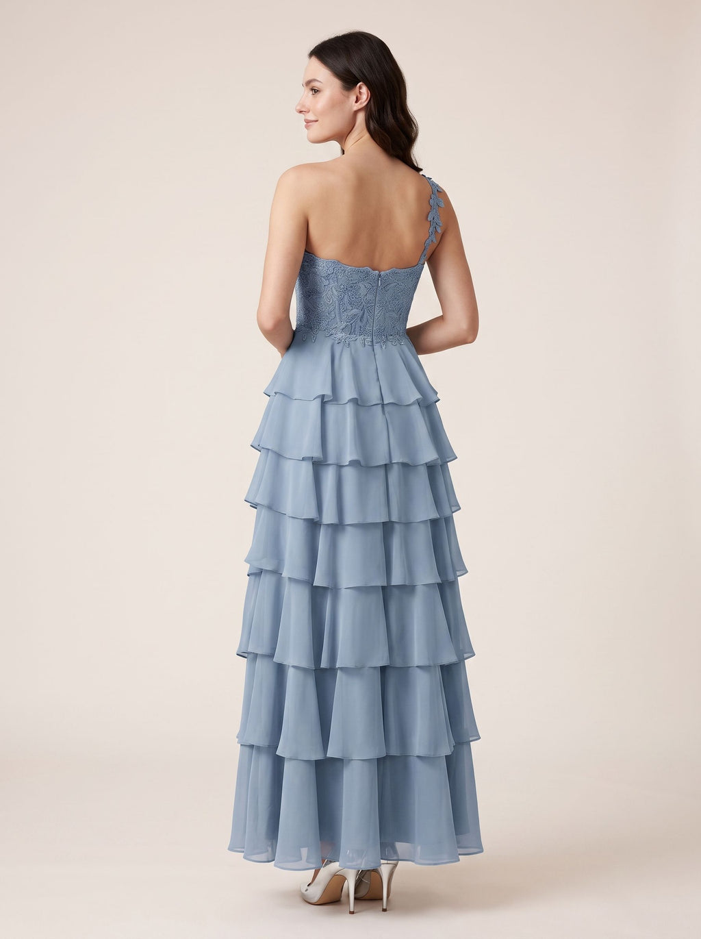 Dusty Blue Chiffon A-Line Sweetheart Back Zip Floor-Length Dress with Pleated Bodice