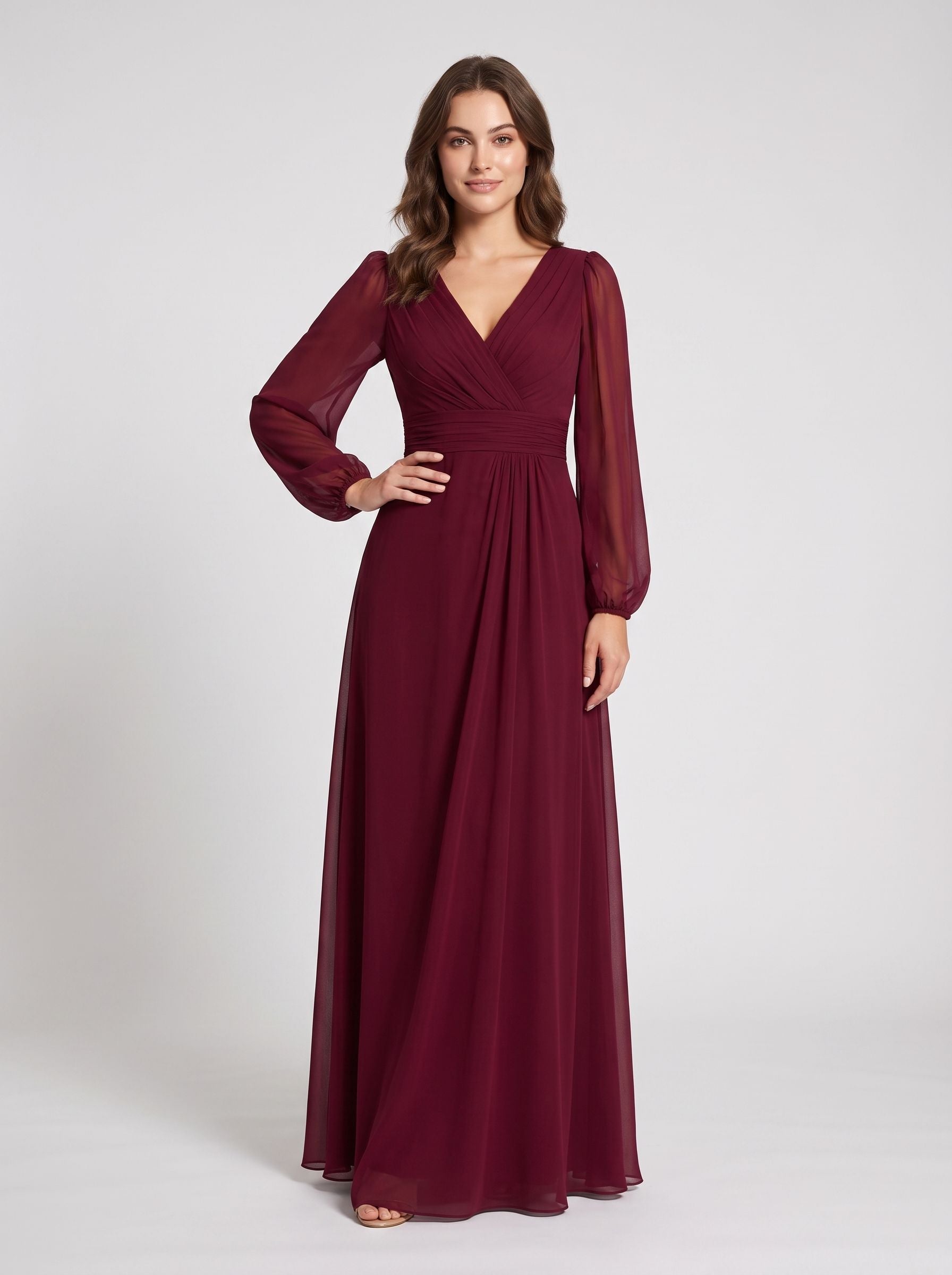 Burgundy Chiffon A-Line V-Neck Back Zip Floor-Length Dress with Sheer Long Sleeves