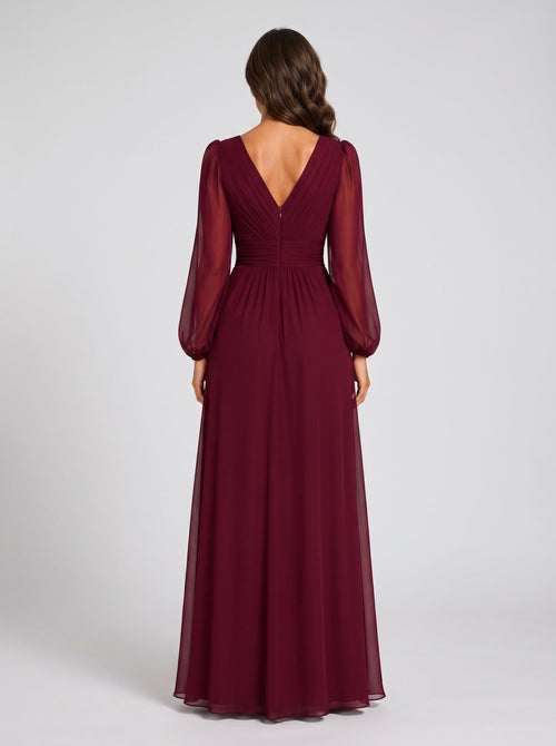 Burgundy Chiffon A-Line V-Neck Back Zip Floor-Length Dress with Sheer Long Sleeves