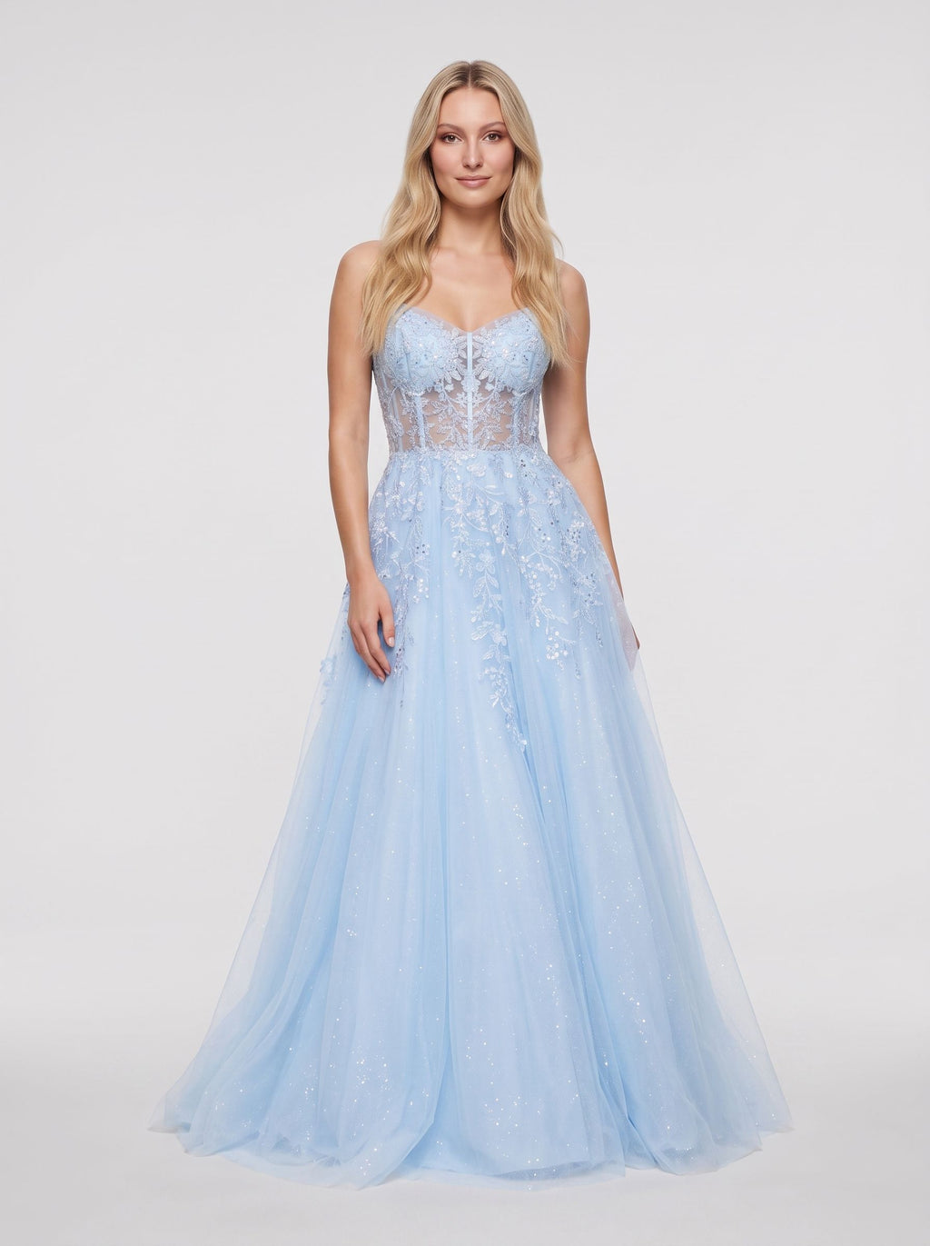 Sky Blue Glitter Tulle & Lace A-Line V-Neck Corset Back Floor-Length Dress