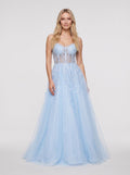 Sky Blue Glitter Tulle & Lace A-Line V-Neck Corset Back Floor-Length Dress